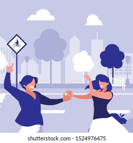 young couple dancing in the park characters vector illustration design