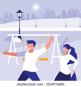 young couple dancing in the park characters vector illustration design