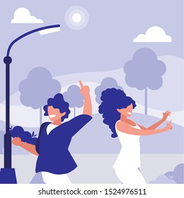 young couple dancing in the park characters vector illustration design