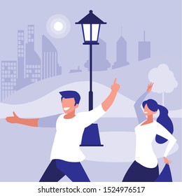 young couple dancing in the park characters vector illustration design