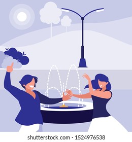 young couple dancing in the park characters vector illustration design