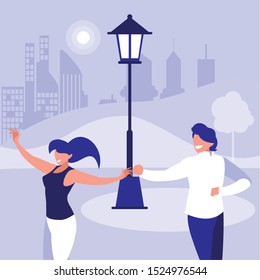 young couple dancing in the park characters vector illustration design