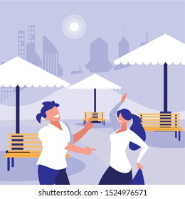 young couple dancing in the park characters vector illustration design