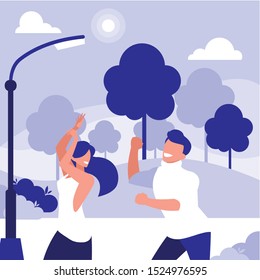 young couple dancing in the park characters vector illustration design