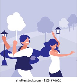 young couple dancing in the park characters vector illustration design
