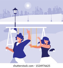 young couple dancing in the park characters vector illustration design