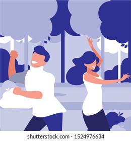 young couple dancing in the park characters vector illustration design