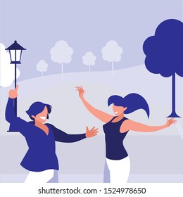 young couple dancing in the park characters vector illustration design