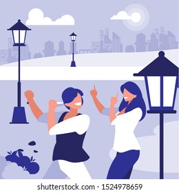 young couple dancing in the park characters vector illustration design