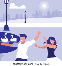 young couple dancing in the park characters vector illustration design