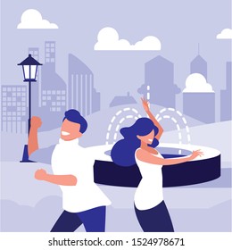 young couple dancing in the park characters vector illustration design