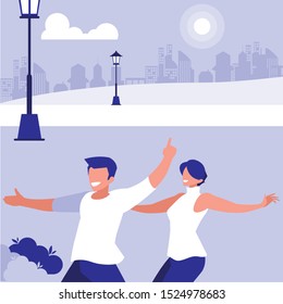 young couple dancing in the park characters vector illustration design