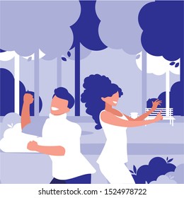 young couple dancing in the park characters vector illustration design