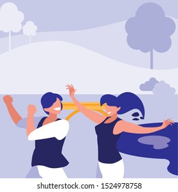 young couple dancing in the park characters vector illustration design