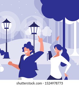 young couple dancing in the park characters vector illustration design