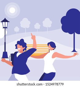 young couple dancing in the park characters vector illustration design