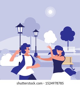 young couple dancing in the park characters vector illustration design