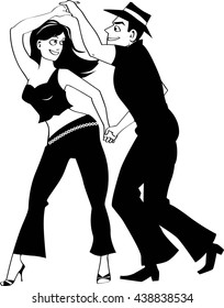 Young couple dancing salsa, EPS 8 black vector line art, no white objects