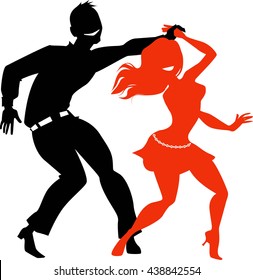 Young couple dancing salsa, EPS 8 black and red vector silhouette, no white objects