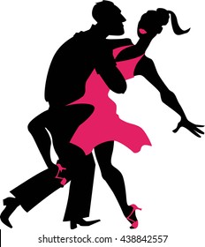 Young couple dancing salsa, EPS 8 black and pink vector silhouette