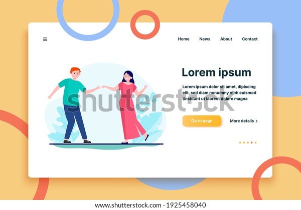 Young couple dancing\
slow dance. Love, girl, smiling flat vector illustration.\
Entertainment and relationship concept for banner, website design\
or landing web page