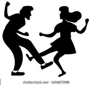 Young couple dancing swing, boogie woogie, rock and roll or lindy hop. Black isolated silhouettes. Vintage party in retro style.