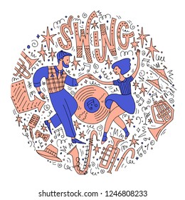 Young couple dancing swing. Handdraw doodle with musical instruments, accessories and decorative elements. Dance event, competition or retro party poster. Vector illustration.