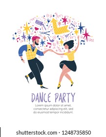 Young couple dancing swing or lindy hop. Dance event, competition or retro party poster. Template design with sample text. Vector.