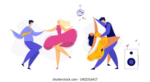 Young Couple Dancing Swing, Tango, Pop. Night Club Disco Party with Male and Female Dancer Characters Set. Vector flat cartoon illustration