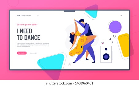 Young Couple Dancing Swing, Tango, Pop Landing Page. Night Club Disco Party with Male and Female Dancer Characters Web Banner. Vector flat cartoon illustration