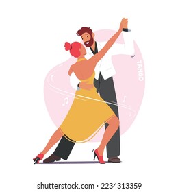 Young Couple Dancing Tango, Male and Female Partners Characters in Perform Dance on Scene. People Sparetime, Active Man and Woman Spend Time Together, Leisure or Hobby. Cartoon Vector Illustration