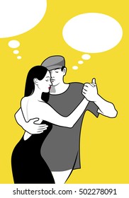 Young couple dancing tango and thinking balloons. Yellow background. Comic style.