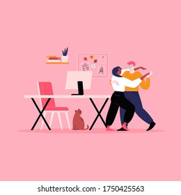 Young couple dancing at their home office near the workplace. Social distance concept