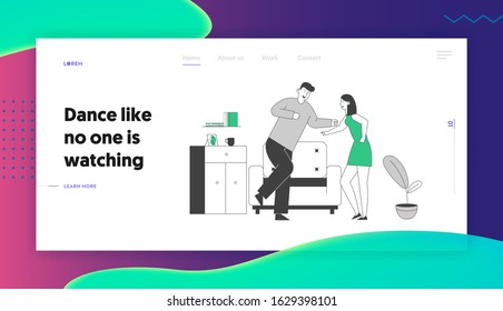 Young Couple Dancing Website Landing Page. Man and Woman in Loving or Friendly Relations Spend Time Together at Home Dance Leisure or Hobby Web Page Banner. Cartoon Flat Vector Illustration, Line Art