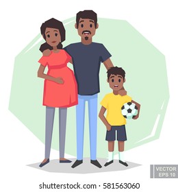 Young couple. Dark skin black pregnant woman man boy. Flat style vector illustration family.