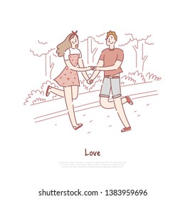 Young couple dating, cheerful boy and girl walking, strolling in park, boyfriend and girlfriend holding hands banner template