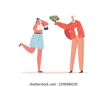 Young Couple Dating. Cute Embarrassed Girl Receive Bouquet of Beautiful Flowers from Boyfriend. Man Meet Up with Girlfriend. Love, Human Relations, Present, Romantic Date. Cartoon Vector Illustration