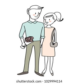 Young couple dating. Cute woman smiling and talking to her date, pleasant man who holding flower bouquet for her. Couple in casual outfits standing together. Vector illustration with hand-drawn style.