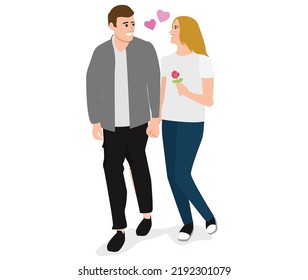 A young couple is dating and holding hands with each other. Happy romantic couples, hugs, and embraces. Vector Flat Illustration