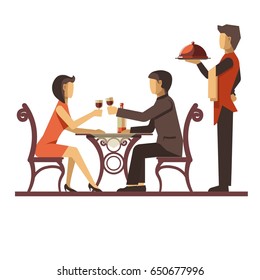 Young couple dating in restaurant and waiter near