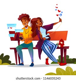Young couple dating vector illustration of teen boy and girl sitting on bench together with flowers bunch and occupied with smartphones chat and busy with selfie photo and social network.