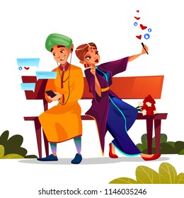 Young couple dating vector illustration of teen boy and girl sitting on bench together with flowers bunch and occupied with smartphones chat and busy with selfie photo and social network.