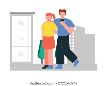 Um jovem casal namorando enquanto caminhava pela cidade no fim de semana. Design de caracteres. Ilustração plana vetorial.