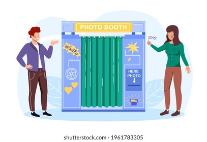 Young couple are deciding to make joint photo in photobooth during entertainment fair. Flat abstract metaphor outline cartoon vector illustration concept design. Isolated on white background