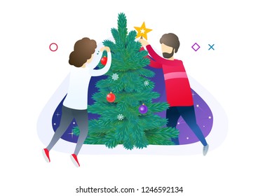Young couple decorating Christmas Tree with toys, star and garland for holiday. Magic Christmas time. Modern style vector illustration for landing page, website, banners and presentation.