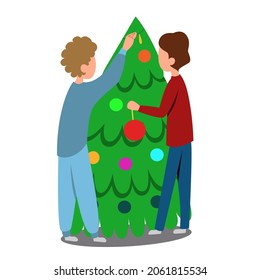 A young couple is decorating a Christmas tree. Two men without a face hang toys, preparing for the new year.
