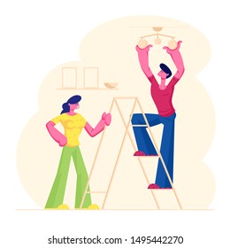 Young Couple Decorating Living Room Apartment. Man Standing on Ladder Hanging Lamp on Ceiling, Woman Stand nearby Help him. Husband and Wife Decorate Interior Design. Cartoon Flat Vector Illustration