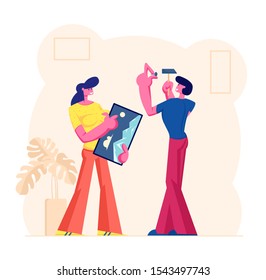 Young Couple Decorating Living Room Apartment, Man Hitting Nail for Hanging Picture on Wall, Woman Stand nearby Help him. Husband and Wife Decorate Interior Design. Cartoon Flat Vector Illustration