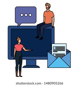 young couple with desktop characters
