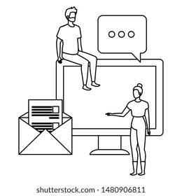 young couple with desktop characters